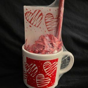 1993 Heart Mug Set  Red White Squiggle Hearts Design  White Mug Pad Pencil NWOT